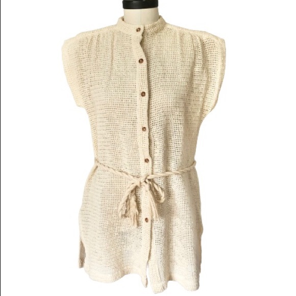 70s Vtg Open Knit Wood Button Rope Belted Tunic - Picture 17 of 17